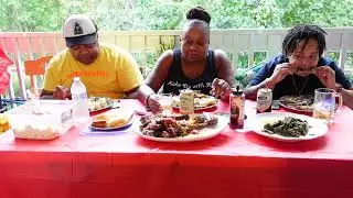 BBQ RIBS , POTATO SALAD ,& GREENS MUKBANG