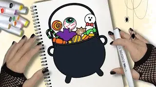 💜🖤🧡 CÓMO DIBUJAR UN CALDERO DE CARAMELOS DE HALLOWEEN - DIBUJO DE HALLOWEEN PASO A PASO