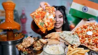 BUTTER CHICKEN FOUNTAIN 😍🇮🇳 CHICKEN TIKKA PIZZA, TANDOORI WINGS, SAMOSAS, GARLIC NAAN INDIAN MUKBANG