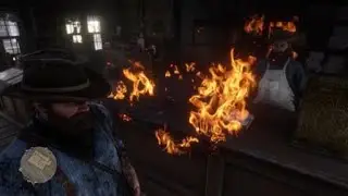 Red Dead Redemption 2 Jacob Worth sweats as his cheese stand burns to ash next to him