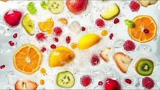 abstract fresh background pieces slices of different fruits top view floating in water