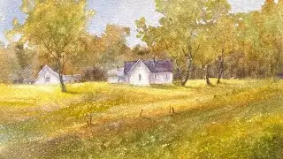Рисую пейзаж с домиками. Видео с пояснениями и без ускорения. 