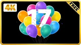 Balloons number 17 with confetti birthday black screen loops