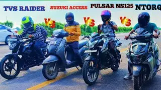 TVS RAIDER VS SUZUKI ACCESS VS PULSAR NS 125 VS TVS NTORQ|| 🔥DRAG RACE|| UNEXPECTED RESULT