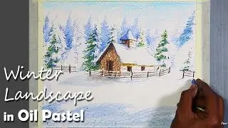 Snowy Winter Landscape Painting in Oil Pastel | step by step