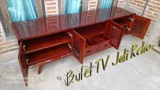 Bufet TV Minimalis Retro 2 meter 4 pintu krepyak 2 laci Finishing Natural Jati Warna Maroon Gloss