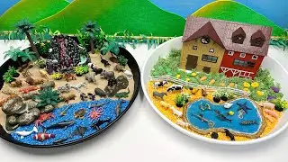 2 Mini World With Wildlife Farm Animals | Volcano Farm Vegetables Barn And Cow Tiger Goat
