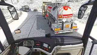 Dangerous Winter Bus Driving on a Snowy Road in the Alps.