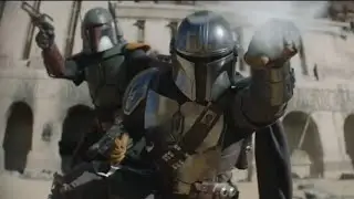 Mandalorian Din Djarin and Boba Fett fighting in the streets of tatooine.