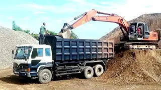Truck loading sand gravel | Heavy construction equipment excavator loading truck