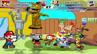 Amazing Fight!!! Super Better Mario, Mangle, Dexter, Bomberman vs Cuphead, Goofy, Fredbear, Bender