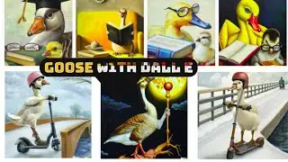 Create art examples with DALL·E neural network (with Goose, scooter, glasses, book, moon)