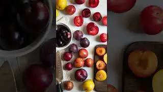 Carving plum wood spoon and bowl for eating a plum dessert 