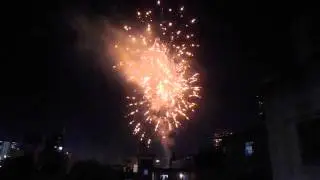 天神祭２０１４の花火　打ち上げ先から８００m離れたところから