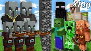 Illager Raid vs 100 Vanilla Mobs (Minecraft Mob Battle)