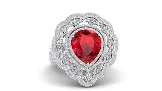 White Gold Diamond Ruby Floral Ring rendered by Cad & Render