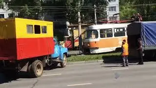 Снос столба трамваем в Ульяновске на Октябрьской 25.06.2022