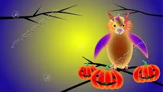 Cartoon colorful cute owl sits on a branch and flaps its wings