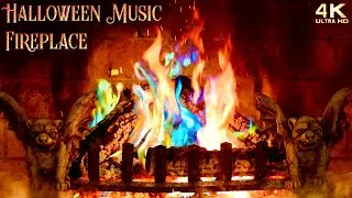 ✨🌙 Spooky Halloween Fireplace & Music Ambience 🔥 Fire Crackling, Swirling Fog, Thunder & Lightning