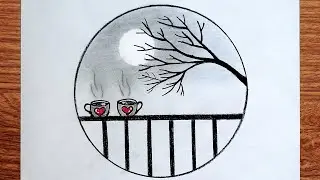 Easy circle scenery drawing | Pencil Drawing In Circle Step by Step | love coffee cup Pencil Sketch