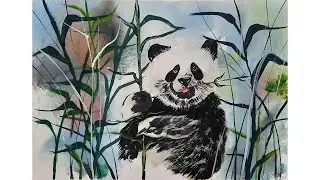 Как нарисовать панду гуашью. Рисуем панду легко. Нарисуем пейзаж.. Картина для начинающих.