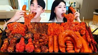 ASMR MUKBANG| 직접 만든 불닭 버섯 불닭볶음면 소세지 먹방 & 레시피 FRIED CHICKEN AND FIRE NOODLES EATING