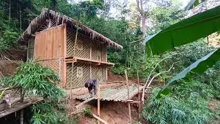 Building a Wooden House (CABIN).Make a yard out of bamboo and plant trees around the house