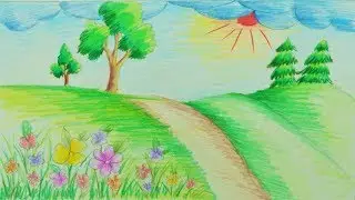 How to Draw Scenery of Flower Garden - Draw Garden Scenery - Draw a Scenery With Flowers for Kids