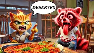 The Nasty Little Raccoon Bullies the Cat Waiter😠