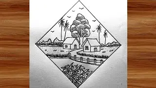 Scenery in rhombus || Easy scenery drawing by pen