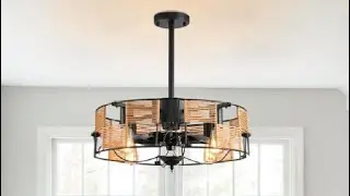 Garwarm 19 6in Caged Ceiling Fan with Light, Boho Rattan Flush Mount Ceiling Fan for Kitchen
