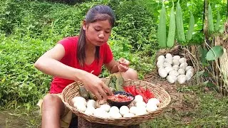Yummy Boiling Eggs and fresh vegetable and eating with hot chili for jungle food 