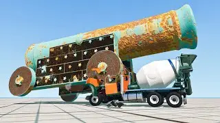 Giant Cannon Runs Over a Cement Mixer | BeamNG.drive