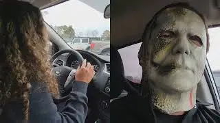 TERRIFIED LADY! MICHAEL MYERS PICKS UP DAUGHTER FROM SCHOOL. #shorts #embarrassing #highschool