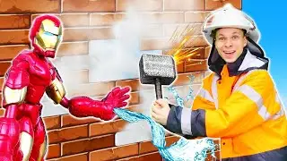 Железный Человек и Фёдор ломают стены и тушат пожар! - Супергерои видео онлайн. Игры машинки