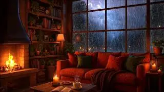 Heavy Thunderstorm Outside - Fireplace & Rain Sounds | 3 HOURS