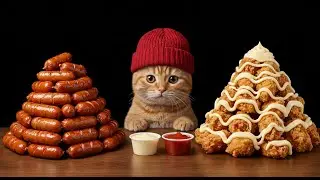 [ASMR] Ginger Cat eats lots of sausages and fried chicken♪【咀嚼音/ Mukbang/ Eating Sounds】