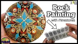 Blue and Red Dot Art Mandala Rock Painting Tutorial with Rhinestones