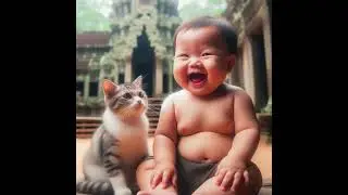 chubby little cute baby laughing  with cute cat and dog at Angkor wat temple.#AI