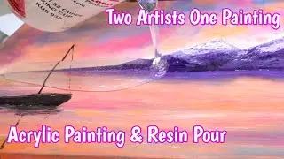 Abstract ACRYLIC Sunset Painting Collaboration with RESIN Clear Coat Finish!  Husband & Wife Artists