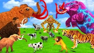 5 Giant Elephant Cow Vs Angry Indian Elephant Vs 5 Giant Lion Bull Tiger wolf Saved By Wolly Mammoth