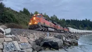 BNSF Led Trains, Auto Racks + Norfolk Southern DPU! Sunset And Night Trains From The Beach!