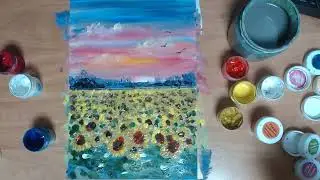 Поле подсолнухов, пейзаж гуашью, правополушарное рисование с МАК