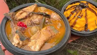 Yellow plantain foufou, clear sauce