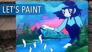 Let's Paint - Bunny Worm Lake (following a Bob Ross tutorial!)