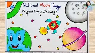 Chandra Dinam Drawing Easy | National Moon Day Poster | How to Draw Moon Day Art for School