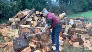 Splitting firewood, testing double bit axe fitmanship