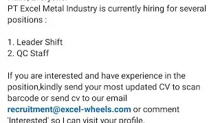 loker hari ini (SMK/D3/S1) Welding/Inspection/QC staff /Leader/HRD/sales exsecutive/filling/Forklift