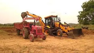 Jcb 3dx Backhoe Loader Machine Loading Red Soil In Mahindra and Solis Tractor | Jcb and Tractor