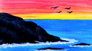 How to draw easy beach sunset ll Oil pastel drawing for beginners